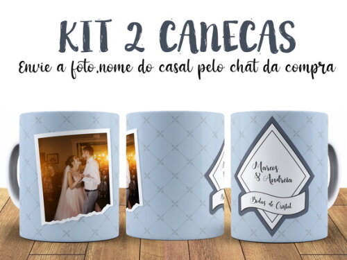 Kit 2 Canecas Bodas de Cristal 15 anos com Foto + Caixinha