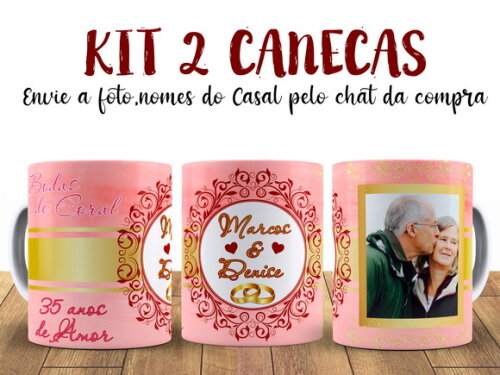 Kit 2 Canecas Bodas de Coral 35 anos com Foto + Caixinha