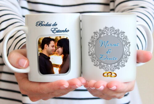 Kit 2 Canecas Bodas de Estanho com Foto + Caixinha