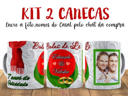 Kit 2 Canecas Bodas de Lã 7 anos com Foto + Caixinha
