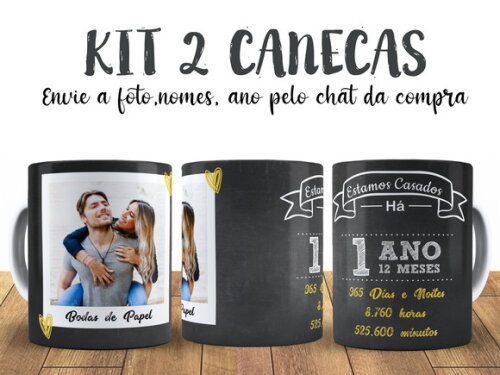 Kit 2 Canecas Bodas de Papel 1 ano com Foto + Caixinha