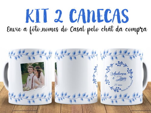 Kit 2 Canecas Bodas de Porcelana 20 anos com Foto + Caixinha