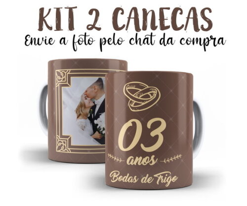 Kit 2 Canecas Bodas de Trigo 3 anos com Foto + Caixinha