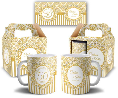 kit 2 Canecas Casamento Bodas De Ouro 50 Anos + Caixinha