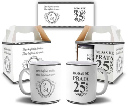 kit 2 Canecas Casamento Bodas De Prata 25 Anos + Caixinha