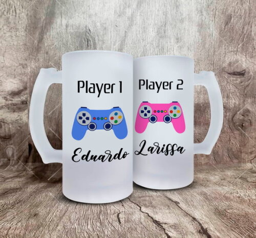 Kit 2 Canecas de Chopp Vidro Play 1 e Play 2 com Nome