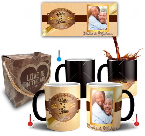 Kit 2 Canecas Mágica Bodas de Madeira com Foto + Caixinha