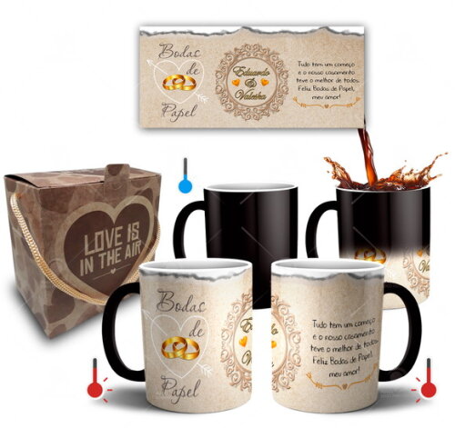 Kit 2 Canecas Mágica Bodas de Papel + Caixinha