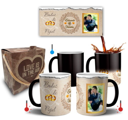 Kit 2 Canecas Mágica Bodas de Papel com foto + Caixinha