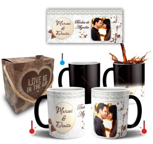 Kit 2 Canecas Mágicas Bodas de Algodão com foto + Caixinha
