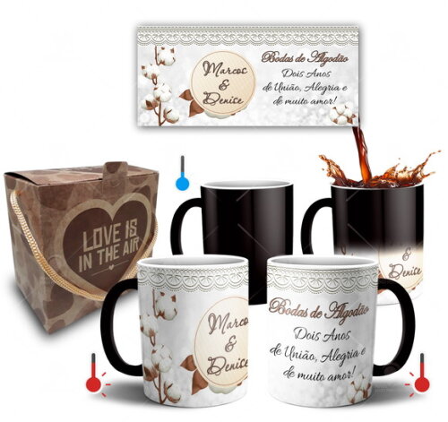 Kit 2 Canecas Mágicas Bodas de Algodão + Caixinha