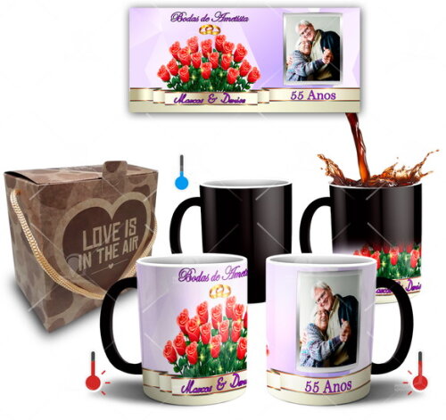 Kit 2 Canecas Mágicas Bodas de Ametista com Foto + Caixinha