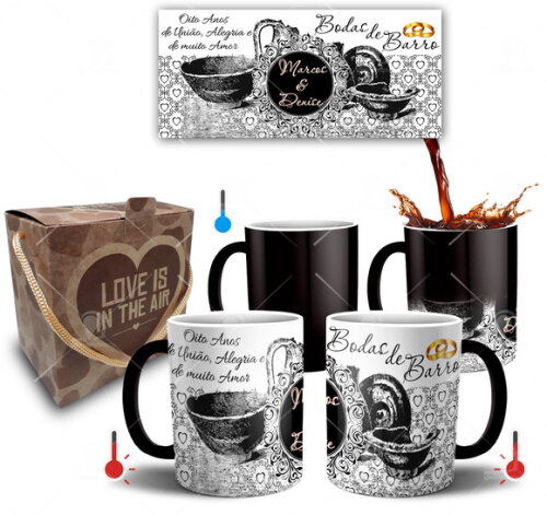 Kit 2 Canecas Mágicas Bodas de Barro + Caixinha