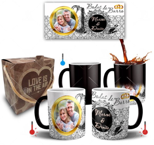 Kit 2 Canecas Mágicas Bodas de Barro com Foto + Caixinha