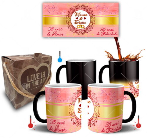 Kit 2 Canecas Mágicas Bodas de Coral + Caixinha