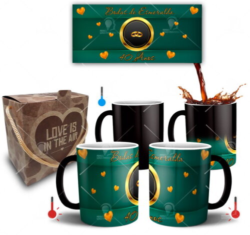 Kit 2 Canecas Mágicas Bodas de Esmeralda + Caixinha