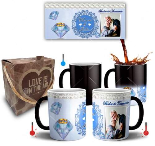 Kit 2 Canecas Mágicas Bodas de Diamante com Foto + Caixinha