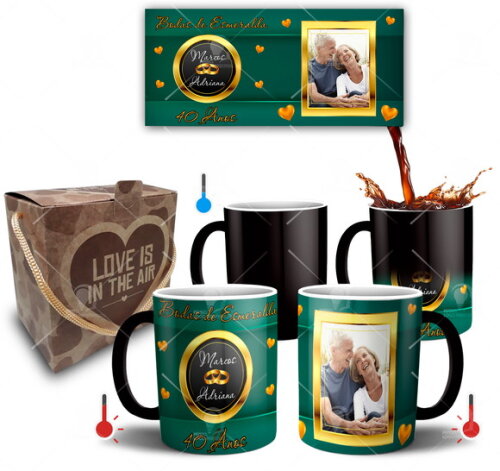 Kit 2 Canecas Mágicas Bodas de Esmeralda com Foto + Caixinha