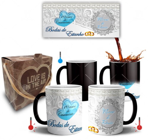 Kit 2 Canecas Mágicas Bodas de Estanho + Caixinha