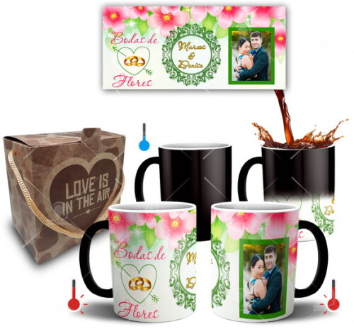 Kit 2 Canecas Mágicas Bodas de Flores com Foto + Caixinha