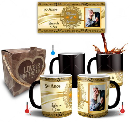 Kit 2 Canecas Mágicas Bodas de Ouro com Foto + Caixinha