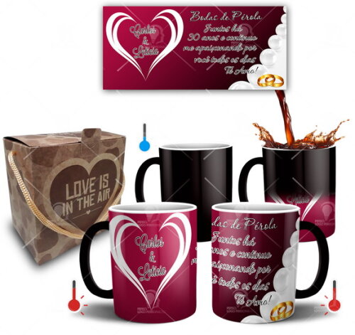 Kit 2 Canecas Mágicas Bodas de Pérola + Caixinha