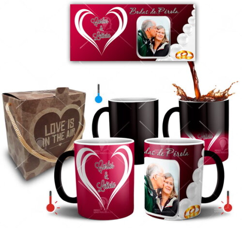 Kit 2 Canecas Mágicas Bodas de Pérola com Foto + Caixinha