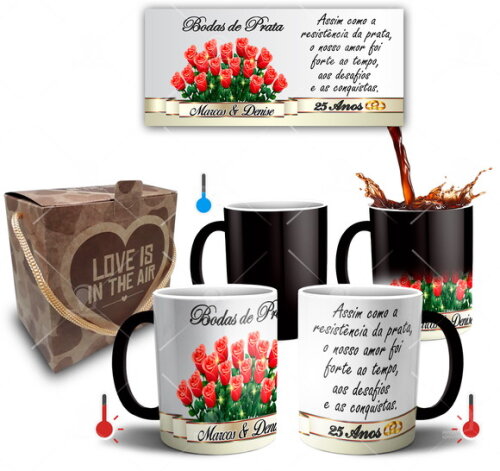 Kit 2 Canecas Mágicas Bodas de Prata + Caixinha