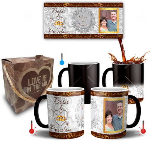Kit 2 Canecas Mágicas Bodas de Porcelana com Foto + Caixinha