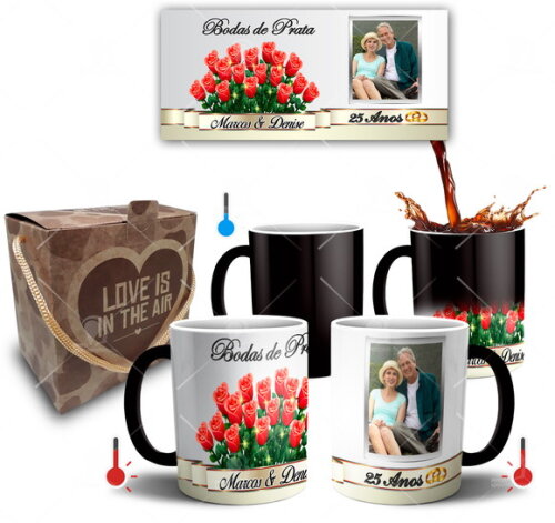 Kit 2 Canecas Mágicas Bodas de Prata com Foto + Caixinha