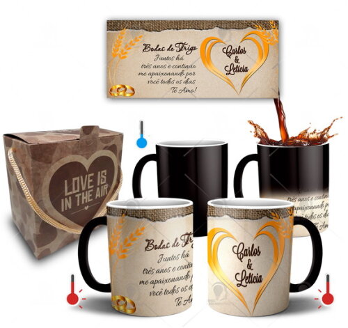 Kit 2 Canecas Mágicas Bodas de Trigo + Caixinha