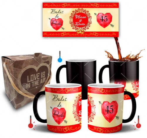 Kit 2 Canecas Mágicas Bodas de Rubi + Caixinha