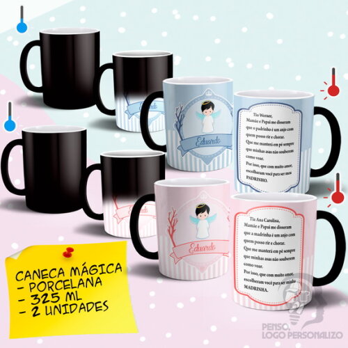 Kit 2 Canecas Mágicas Dindo e Dinda Batizado - Mod 003