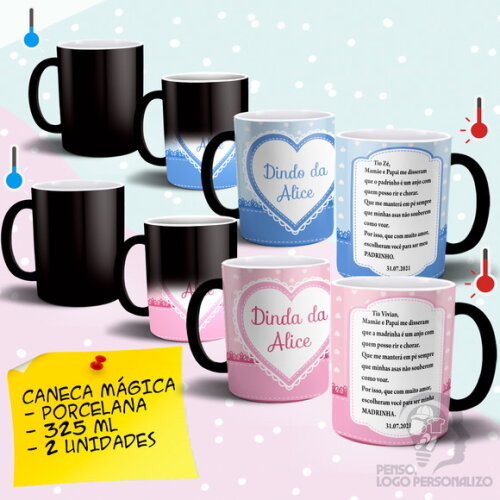 Kit 2 Canecas Mágicas Dindo e Dinda Batizado - Mod 006