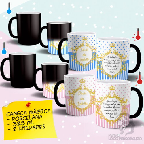 Kit 2 Canecas Mágicas Dindo e Dinda Batizado - Mod 007