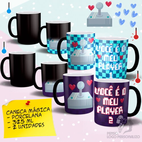 Kit 2 Canecas Mágicas Game Namorados Casal Player 1 e 2