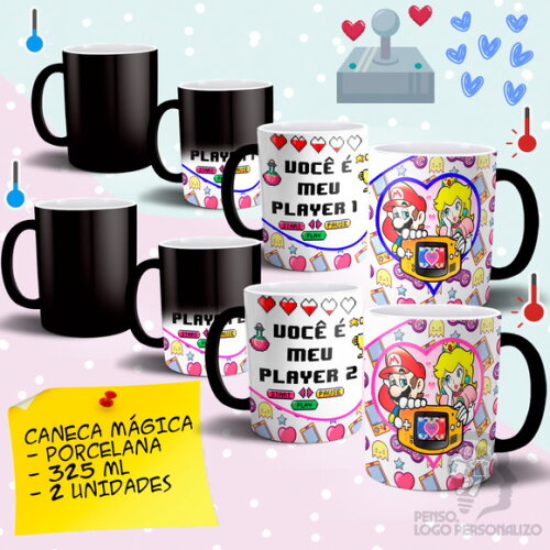 Kit 2 Canecas Mágicas Game Super Mário Casal Player 1 e 2