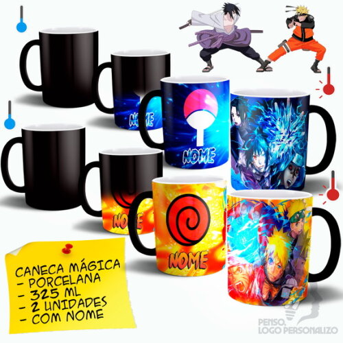 Kit 2 Canecas Mágicas Naruto e Sasuke com Nome