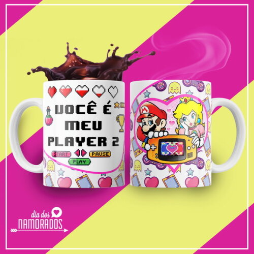 kit 2 Canecas Presente de Namoro Mário Bros Play 1 e Play 2