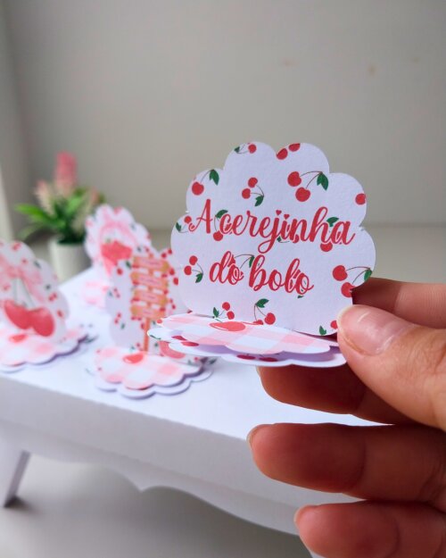20 Aplique 3D Cerejinha Tag escalope Personalizada Festa Lembrancinha