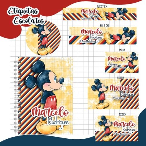 Caderno + Etiquetas + Tag Personalizada + Lápis ( Mickey )