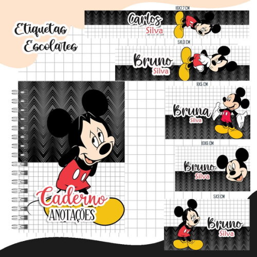 Caderno + Etiquetas + Tag Personalizada + Lápis ( Mickey )