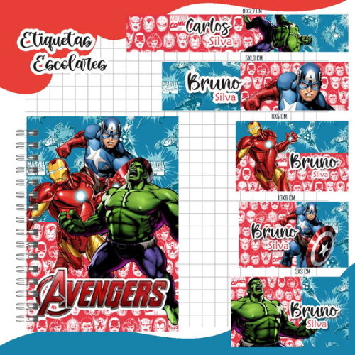 Caderno + Etiquetas + Tag Personalizada + Lápis (vingadores)