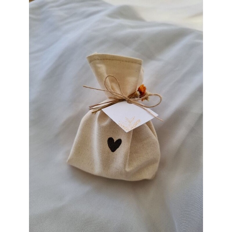 Saquinho Algodão Cru Personalizado 9x12cm - Kit com Flor + Tag +