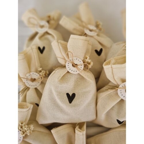 Saquinho Algodão Cru Personalizado 9x12cm - Kit com Flor + Tag + Amarração