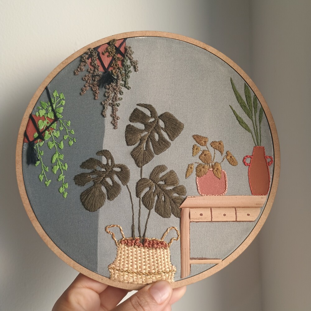 Bastidor bordado vaso de plantas