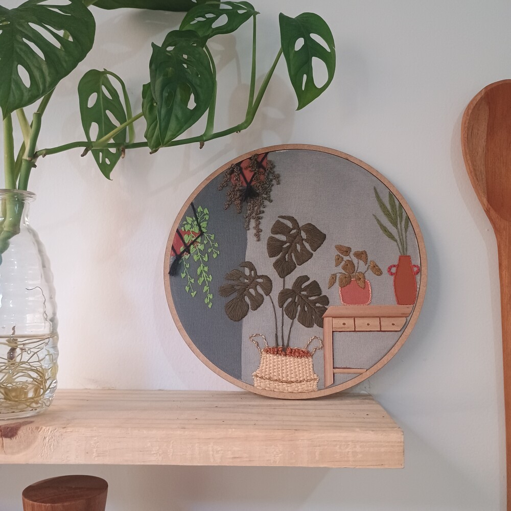 Bastidor bordado vaso de plantas