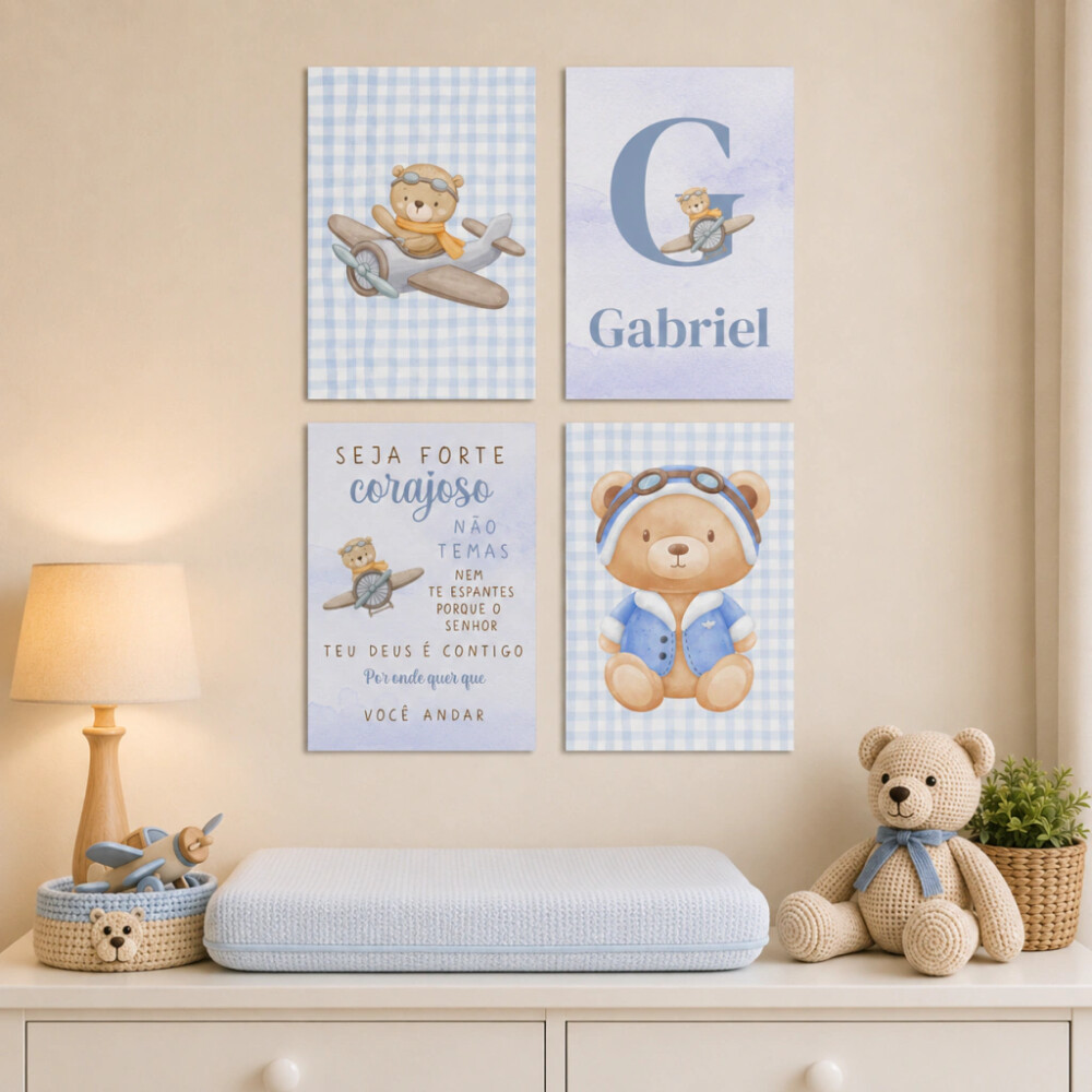 Quadro Decorativo Infantil Personalizado A4 | Ursinho Aviador