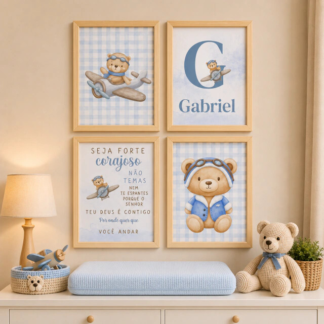 Quadro Decorativo Infantil Personalizado A4 | Ursinho Aviador