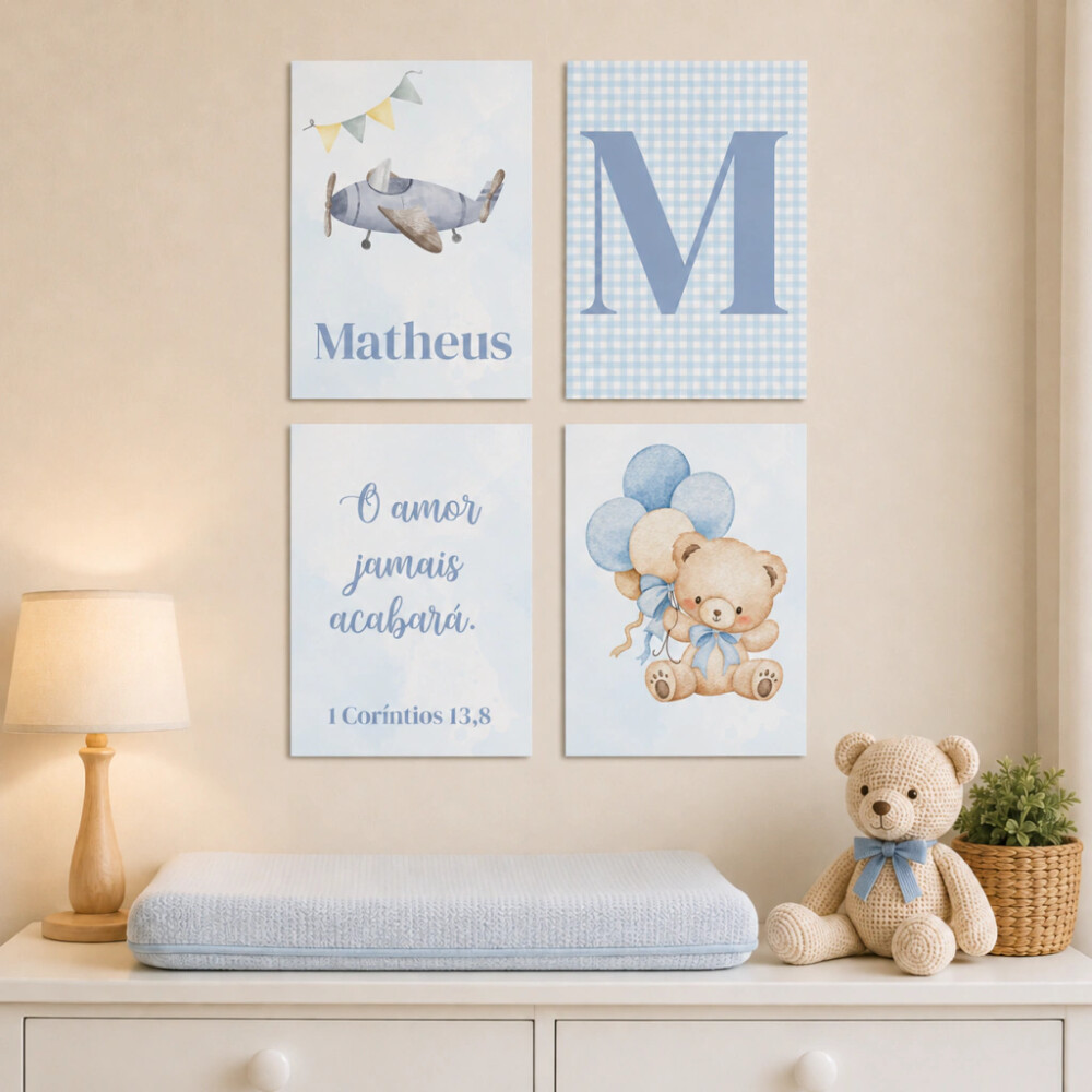 Quadro Decorativo Infantil Personalizado A4 | Ursinho Aviador Azu